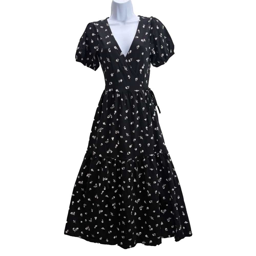 ASOS Designs Tiered Midi Wrap Dress in Black White Ditsy Floral Print Size 4